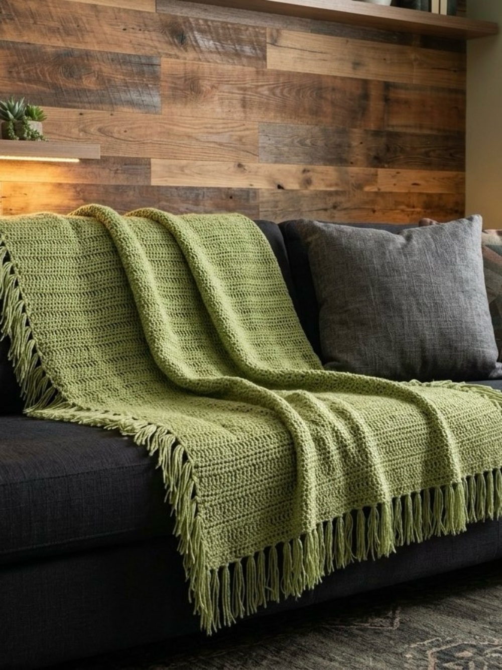 Soft Olive Green Crochet Throw Blanket - Home Bedding